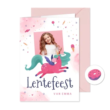 Uitnodiging lentefeest eenhoorn snoep waterverf foto
